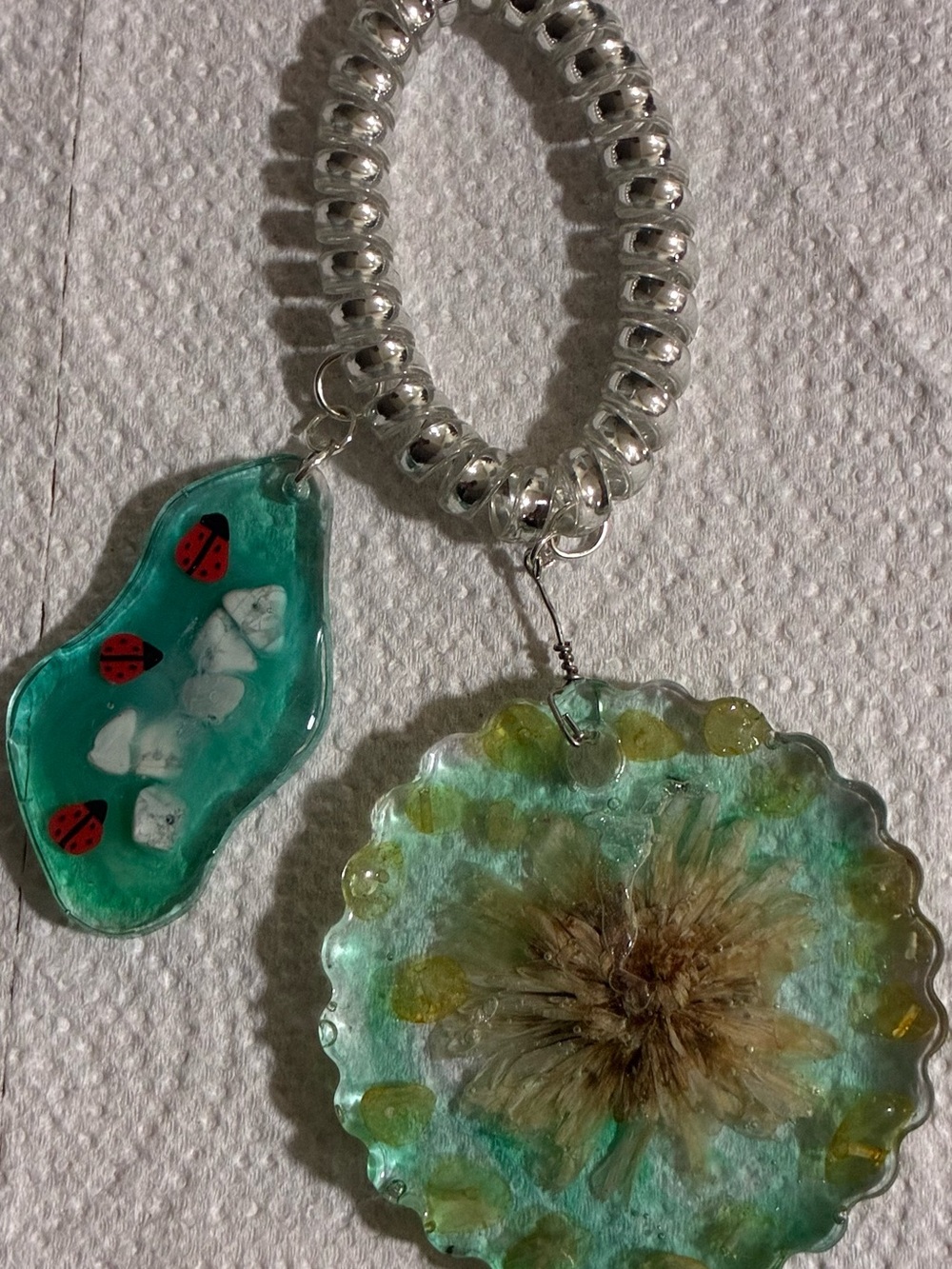 Handmade Resin Flower & Ladybug Keychain Charm - Aqua